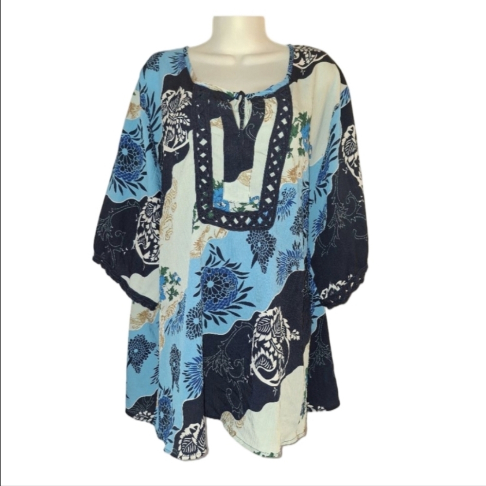 denim24/7 Blouse, 22W, Blue peasant bohemian floral Vintage top